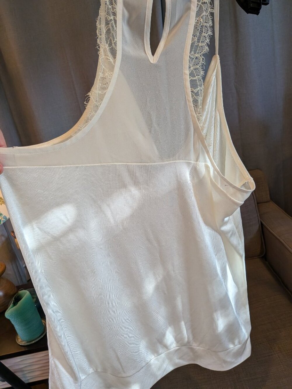 🌸 Express Cowl Neck Off White / Cream Cami Spaghetti Straps w/ Lace Size L - Picture 2 of 9